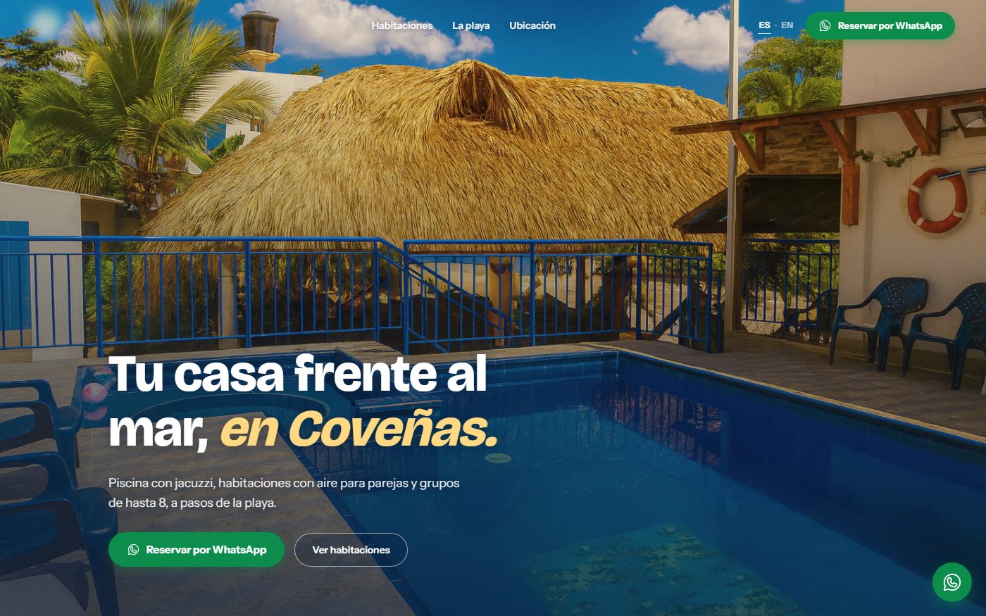 Screenshot of a Spanish-first beach hotel website with a pool hero and WhatsApp booking button