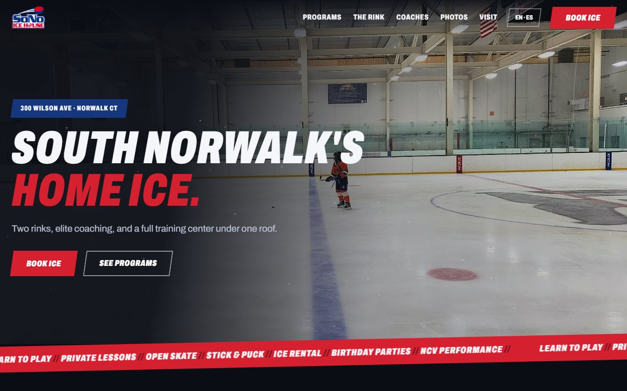 Screenshot of a broadcast-bold bilingual ice rink website with a bold white-and-red headline over a photo of the rink
